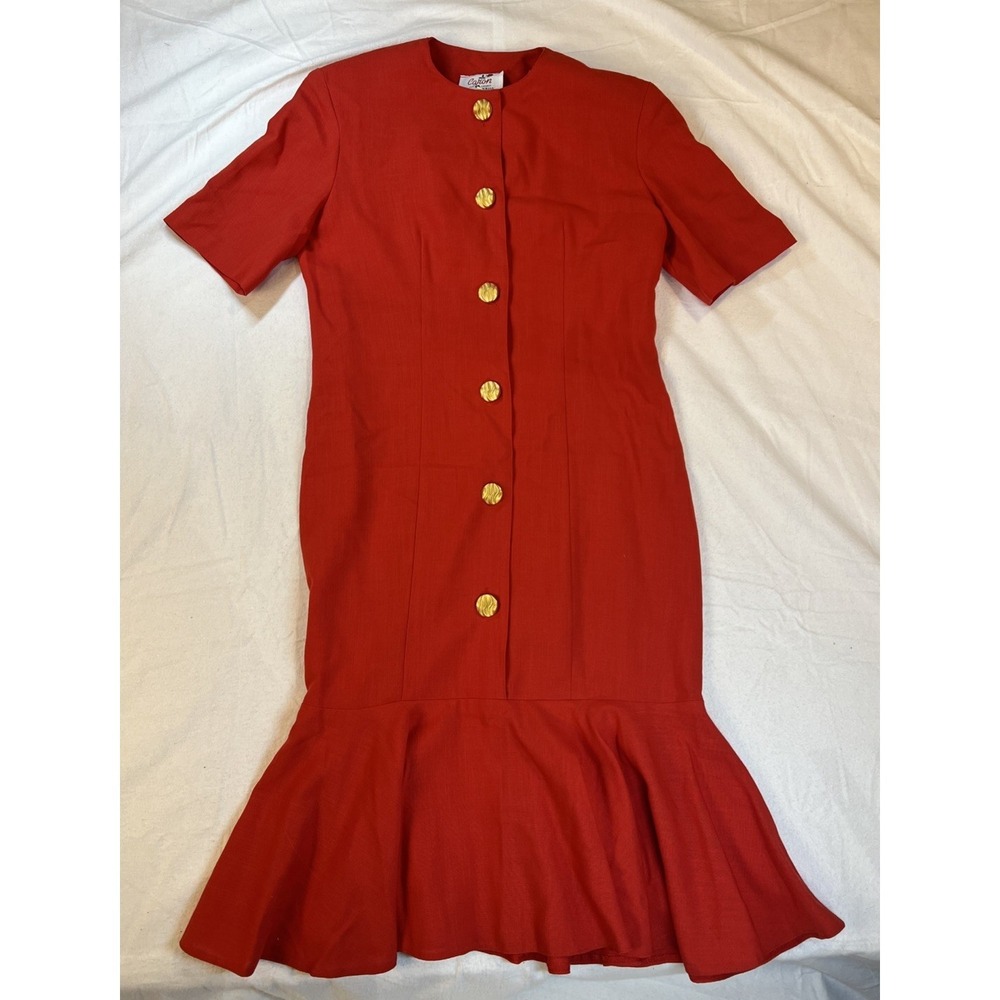 Vintage Caron Red Dress Fit & Flair Gold Buttons Sz 6